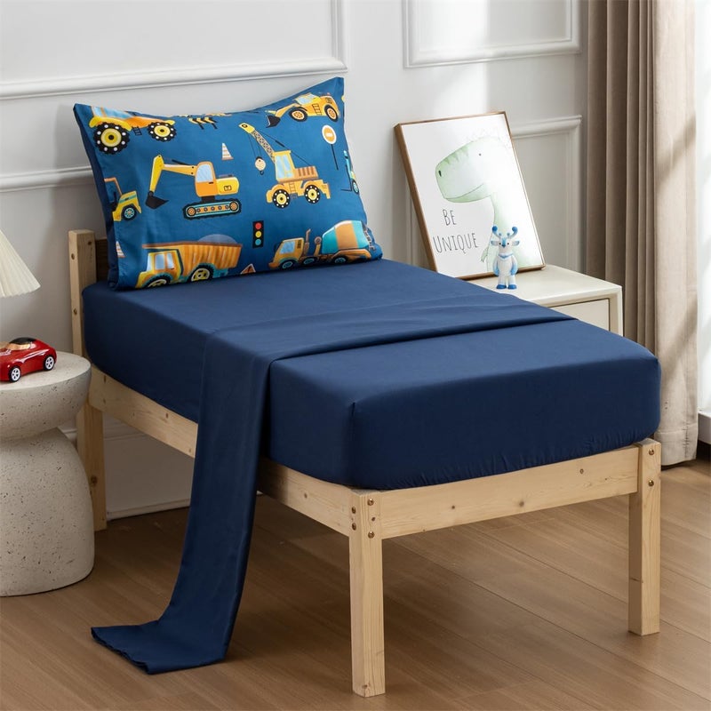 NTBED 4 Pieces Traffic Construction Toddler Bedding Set for Baby Boys,Truck Vehicles Excavator Cars Printed, Includes Comforter, Flat Sheet, Fitted Sheet and Pillowcase,Blue - Image 3